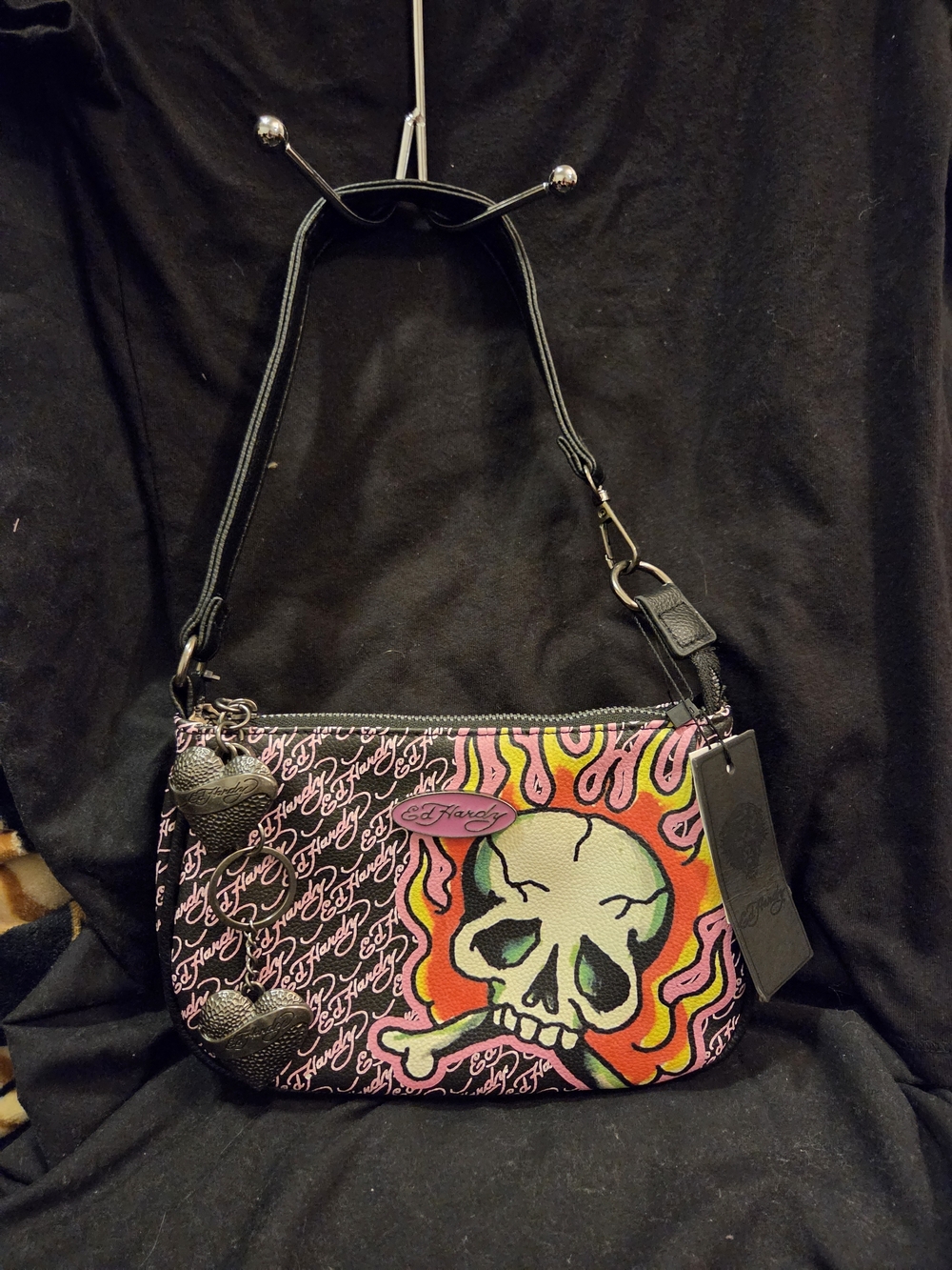 Ed Hardy Pink, Orange & Yellow Flame Skull Mini Shoulder Bag